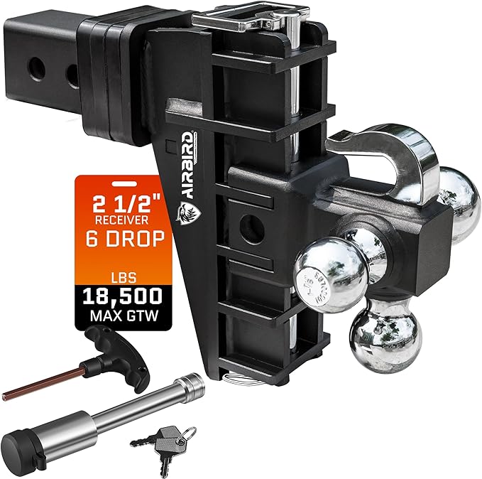 AIRBIRD Adjustable Trailer Hitch Fits 2.5-Inch Receiver, Anti-Rattle Tow Hitch (18500 LBS GTW) 6 Inch Drop Truck Hitch Tri-Ball Mount with Hook (1-7/8" x 2" x 2-5/16")