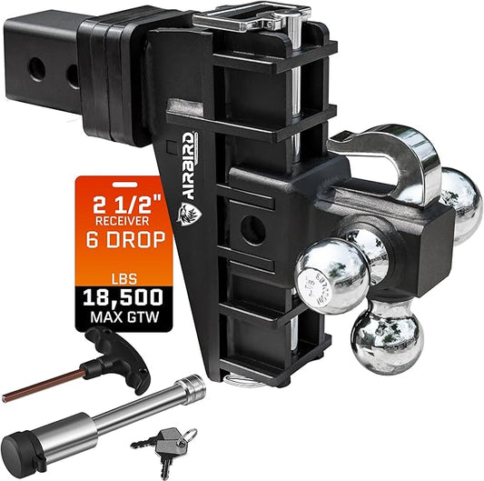 AIRBIRD Adjustable Trailer Hitch Fits 2.5-Inch Receiver, Anti-Rattle Tow Hitch (18500 LBS GTW) 6 Inch Drop Truck Hitch Tri-Ball Mount with Hook (1-7/8" x 2" x 2-5/16")