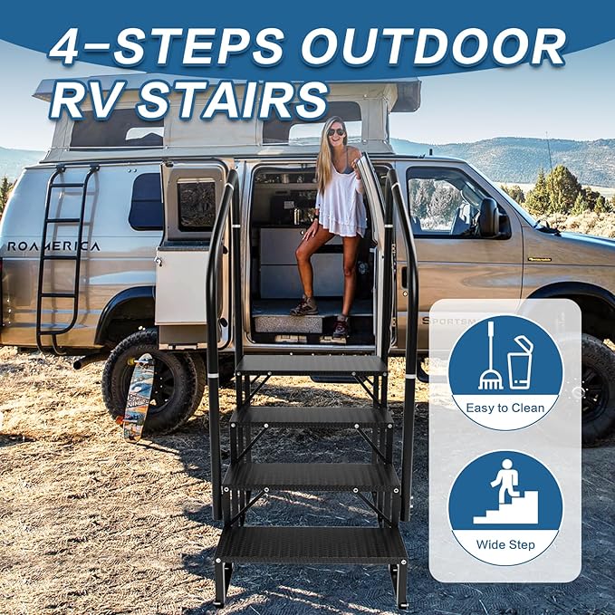 RV Steps With Handrail - 4-Step Stairs for Camper, Trailer, Mobile Home, Hot Tub, Outdoor Spa - Non-Slip Outdoor Stairs