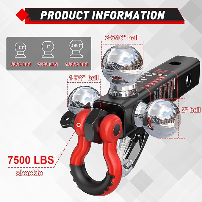 TYT Tri Ball Mount Trailer Hitch ，Fits 2 inch Receiver, Triple Balls (1-7/8", 2", 2-5/16") with Tow Hook & Shackle,10,000lbs GTW,1,000 lbs Tongue Weight, Includes Hitch Pin Lock