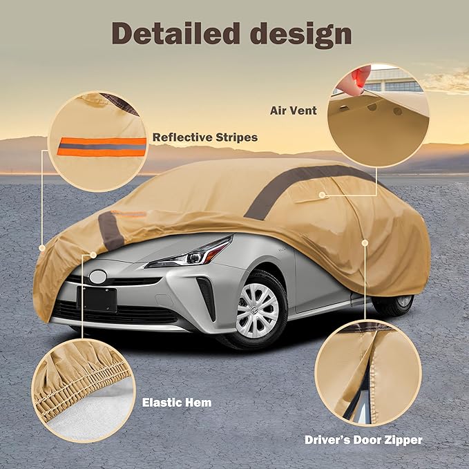 Prius Car Cover Waterproof All Weather Compatible with Toyota Prius 2004-2024, Outdoor Heavy Duty Anti-UV Car Covers Rain Sun Snow Protection with Zipper and Windproof Buckle