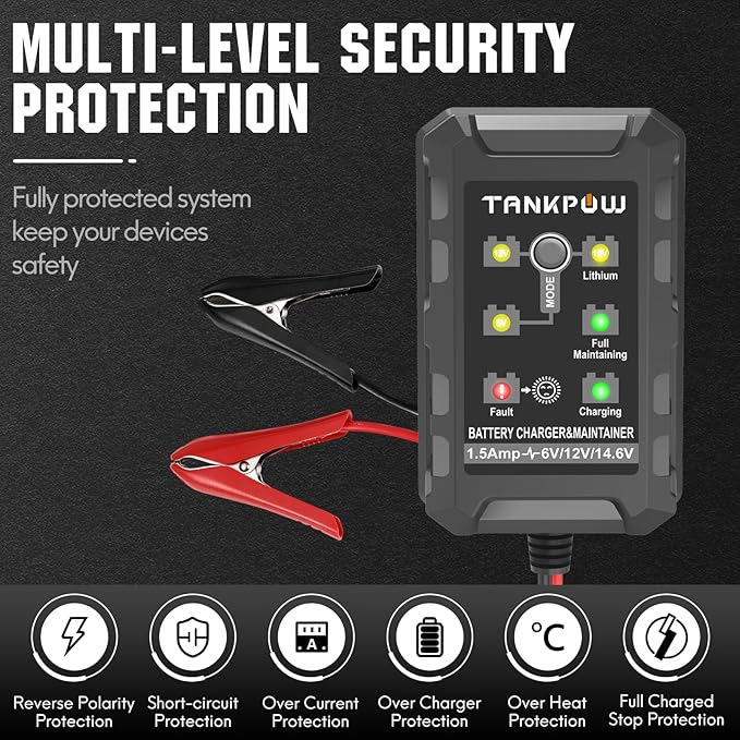 1.5-Amp Car Battery Charger,6V/12V/14.6V Automotive Battery Chargers,Battery Maintainer,Trickle Charger,Float Charger for Cars,Motorcycle,ATV,Gel,AGM,12V Lithium(LiFePO4) Deep Cycle Batteries