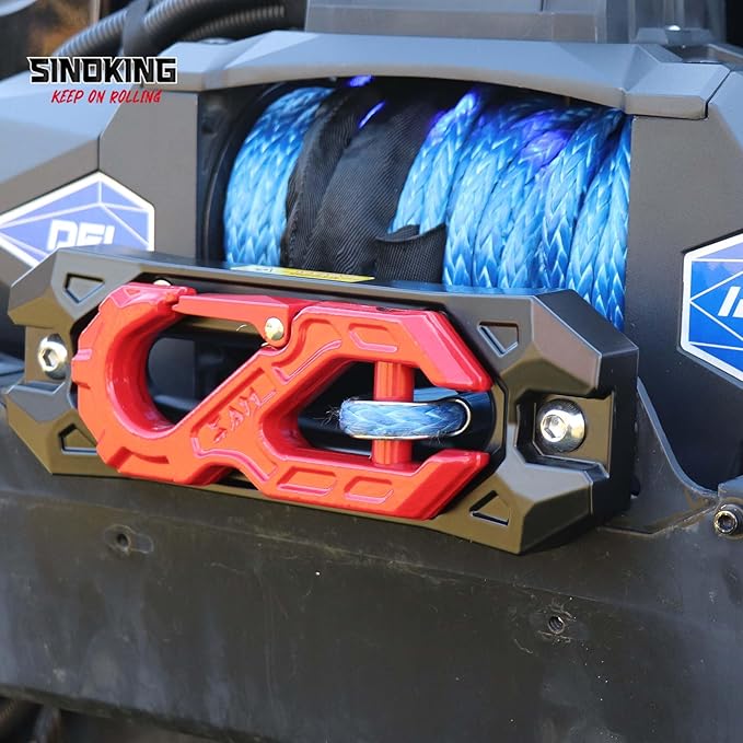 SINOKING Winch Fairlead with Tow Hook, Aluminum Hawse Fairlead with Grade 80 Forged Steel Winch Hook, 45000lb Break Strength Winch Fairlead Hook Set for Off-Road Vehicle Recovery, Black and Red