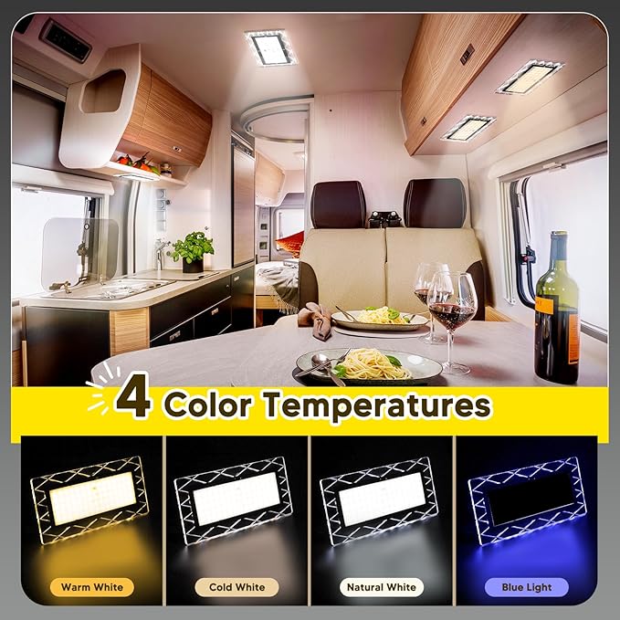 BlueFire 1800LM Bright LED RV Light Interior，DC12-30V Upgraded Brightness RV Ceiling Dome Lights, Dimmable Fixture with 4 Color Temperature for RV Camper Van Motorhome Boat Trailers (Large - 4 Pack)