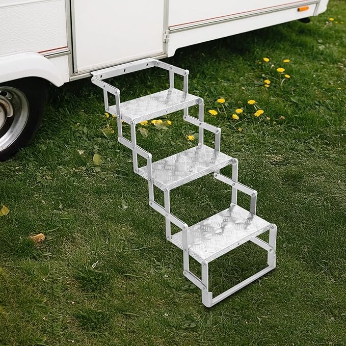 RV Steps, Foldable RV Stairs, Aluminum Alloy 17" Wide Camper Steps, Scissor Stairs Ladder for Mobile Home, RVs, Camper, Shop, Trailers, Truck, Warehouse (3 Steps)