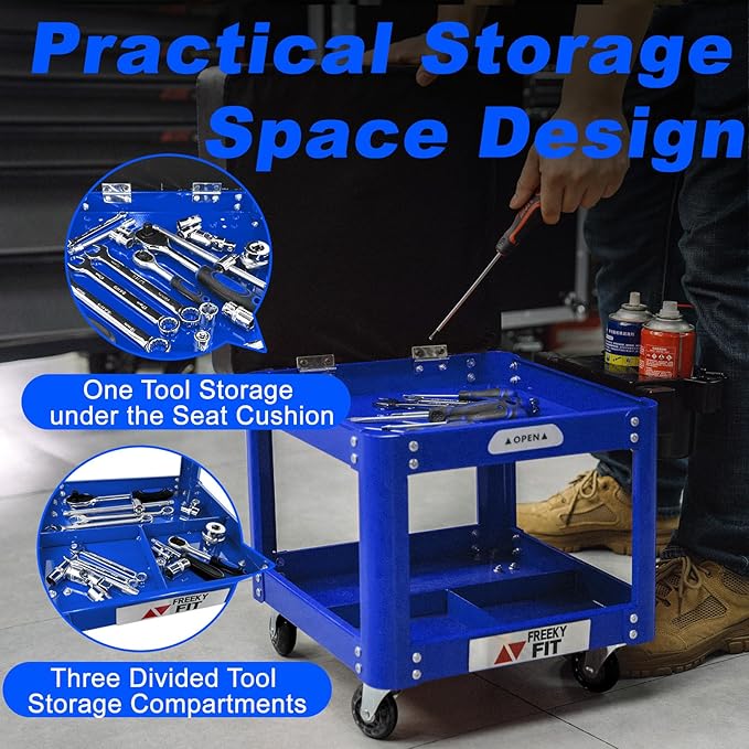 Rolling Creeper Garage Shop Seat for Men, Padded Mechanics Stool with Tool Tray Storage for Garage, Rolling Workshop Stool with Wheels, Auto Creeper Seat, 330 LBS Capacity, Heavy Duty, Blue