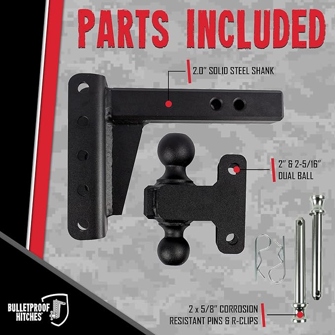BulletProof Hitches - 2.0" Adjustable Heavy Duty Trailer Hitch (22,000 lb. Rating) - 4" Drop/Rise Trailer Hitch with 2" & 2-5/16" Dual Ball - Powder Coat, Solid Steel, Corrosion-Resistant