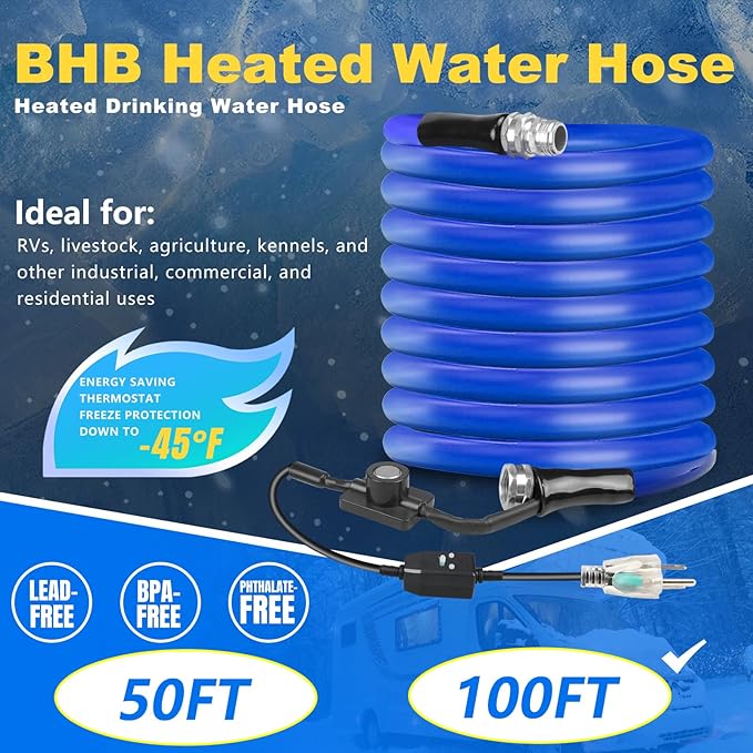 BHB Upgraded 100 FT Heated Water Hose 1/2" ID Compatible with RV -45 ℉ Antifreeze Energy Saving Thermostat RV Accessories, with 4 Types of Adapters