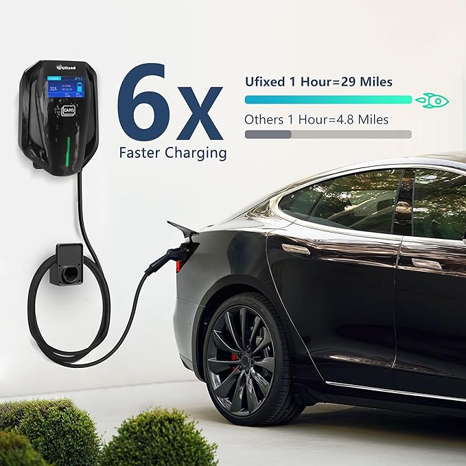 240V Level 2 EV Charger with LED Screen, 32A Fast Charging Station, Hardwired Electric Vehicle Charger for Tesla & J1772 Cars, Indoor/Outdoor Use