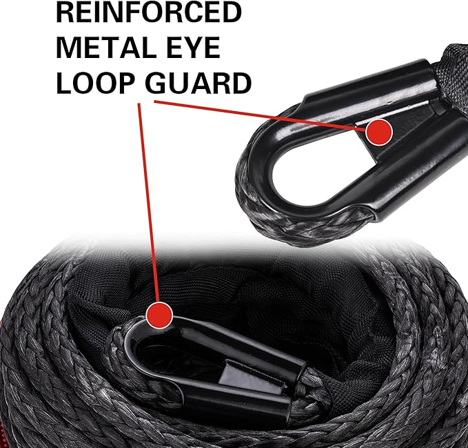 3/8" x 92ft Synthetic Winch Rope, 25,500LBS Heavy Duty Winch Cable with Protective Sleeve, Forged Winch Hook & Safety Strap for Off-Road 4x4, SUV, Jeep, Truck (Black)