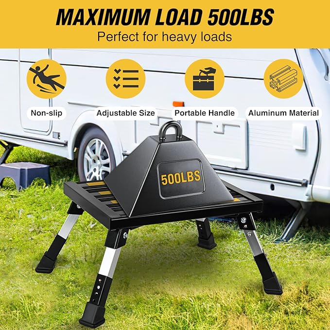 Nilight RV Steps Folding Aluminum Step Stool Heavy Duty Camper Steps, 16.5"x12" Surface, 4 Levels Adjustable Height Portable Platform Step Anti-Slip Rubber Feet Supports Up to 500lbs for Camper,Black