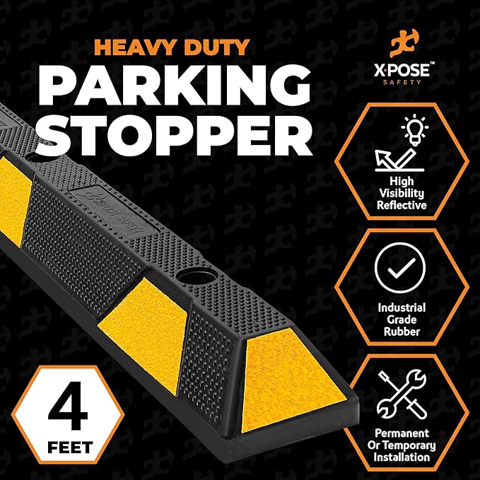 Xpose Safety 72" Heavy Duty Rubber Parking Stopper – Bulk Full Pallet 50 Pack Wheel Blocks for Garage, Driveway, or Ramp – Car Bumper Stop with Yellow Reflective Strips – Removable Floor Mount