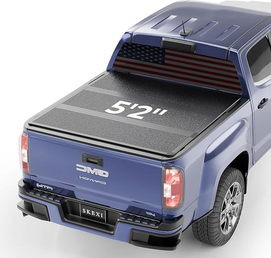 FPR Hard Tri Fold Truck Bed Cover Fits for 15-25 GMC/Chevy Canyon/Colorado Crew SHOR 5.2FT ShoR Bed Heavy-Duty Lock Hard Folding Drill-Free Tonneau Cover Waterproof Fiberglass Design