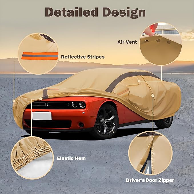 Car Cover Waterproof All Weather Compatible with Dodge Challenger SXT, GT, Hellcat, R/T, SE, Daytona, SRT, SRT8, Outdoor Anti-UV Sun Rain Protection Full Exterior Cover