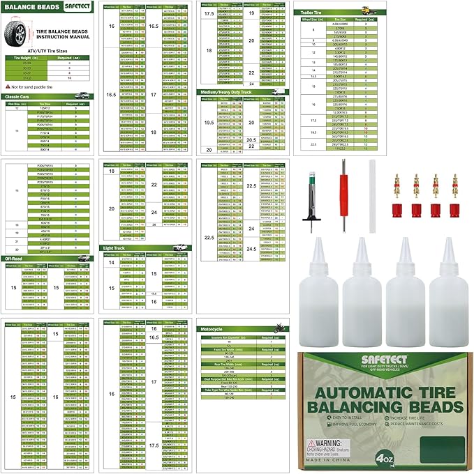 Tire Balance Beads 6 oz x 4, Wheel Balancing Beads for Trucks Tire, Trailer, Off-Road Vehicles, Tire Beads with Installation Tools