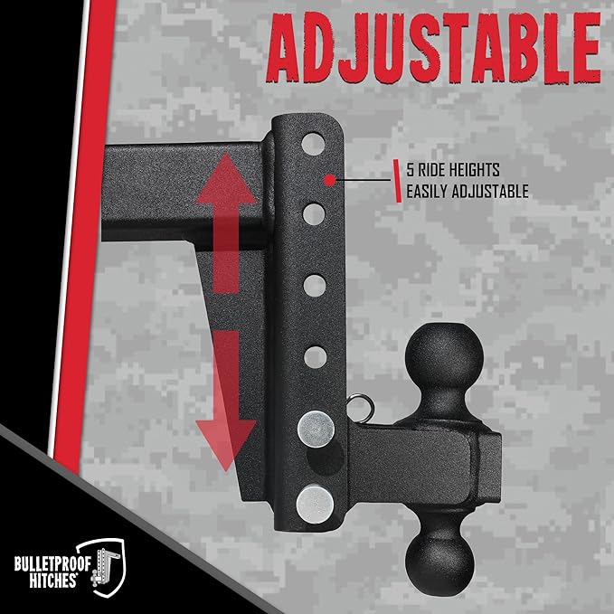 BulletProof Hitches - 2.5" Adjustable Medium Duty Trailer Hitch (14,000 lb. Rating) - 6" Drop/Rise Trailer Hitch with 2" & 2-5/16" Dual Ball - Powder Coat, Box Steel, Corrosion-Resistant