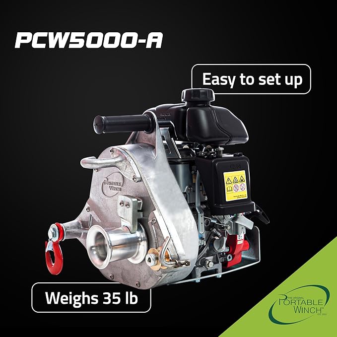 Portable Winch PCW5000-A Gas-Powered Capstan Winch with Accessories - 2,200 lbs Pulling Capacity Winch, Honda GXH50 Engine Portable Gas Winch for Hunting, Logging, and Towing