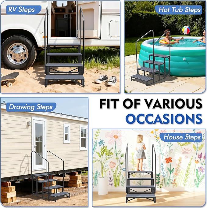 4-Step RV Steps with Dual Handrails, Heavy-Duty Mobile Home Steps, RV Stairs for Camper, Hot Tub, Pool, Trailer & Porch with Non-Slip Mats