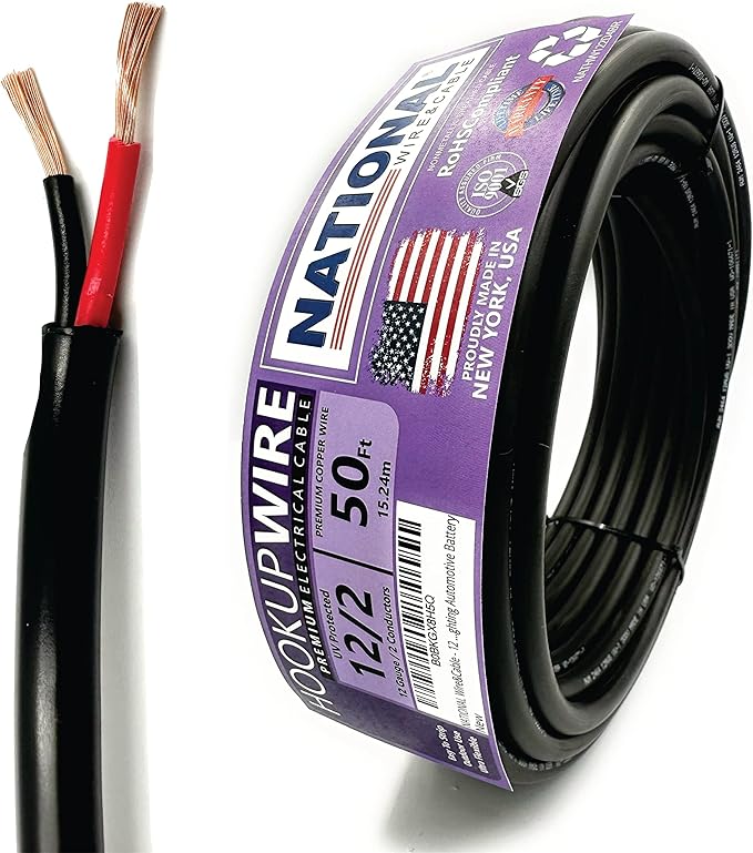 NATIONAL Wire & Cable – 12 AWG 2-Conductor Premium Copper Wire, 50 ft, Stranded | Made in USA, Heavy-Duty Flexible Jacket | Automotive, Solar, Home, RV, Indoor and Outdoor Use