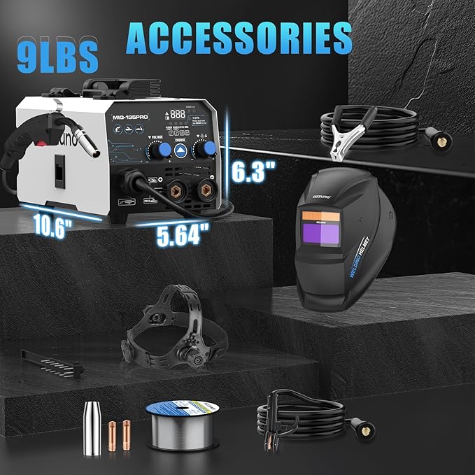 AZZUNO 135A MIG Welder Machine 110V, 3 in 1 Welder with Flux Core Gasless MIG/Lift TIG/Stick Welding Machine with Auto Darkening Welding Helmet, Portable Wire Feed Welder