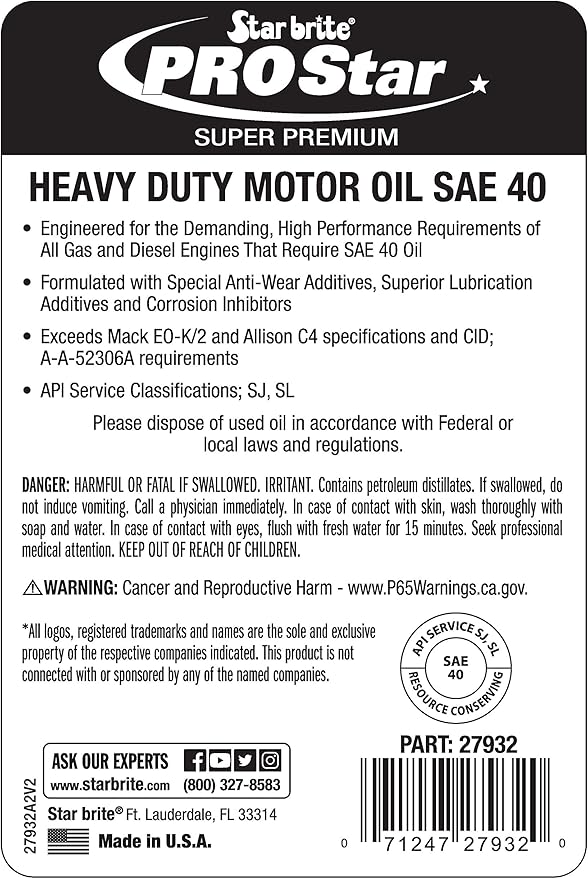 STAR BRITE Pro Star Super Premium Heavy Duty Motor Oil SAE 40 - 32 OZ (027932)