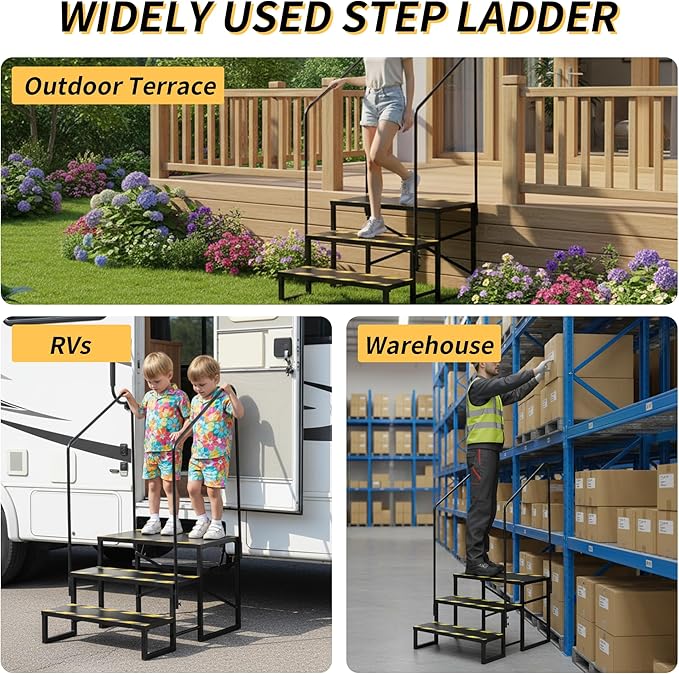 RV Steps, 3 Step Camper Steps Outdoor Hot Tub Mobile Home Stairs Anti-Slip with 2 Handrail for Travel Trailer Motor Home Boat Camper and Porch for Dogs Elder Child