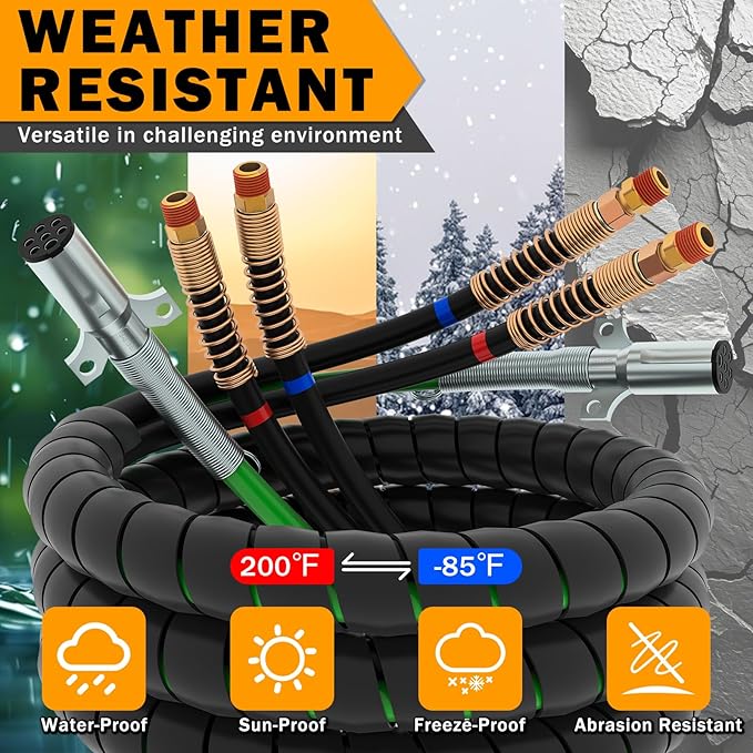 12FT Semi Truck Air Lines Kit 3IN1 Trailer Cord and Air Brake Hoses Assembly without Rubber Gladhand Handles for Semi Truck Trailer Tractor