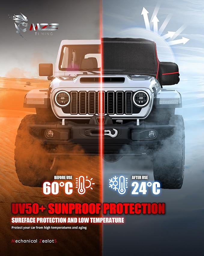 MZS Cab Cover Compatible with Wrangler Unlimited JK JL JKU JLU 4 Door 2007-2026, 600D Waterproof Wrangler Cover with Driver Door Zipper 8 Gust Hook Car Half Cover Windproof Sun Snow Rain Protection
