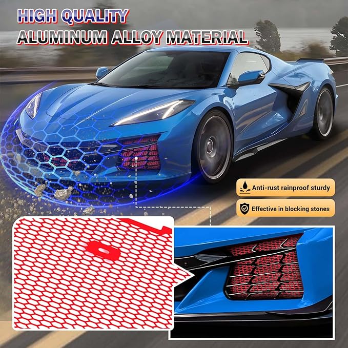 3Pcs Red Upgraded Front Radiator Guards Grille,Aluminum Body Bumper OEM Style Front Outer Grill Guard Protection Screens Grille Vents Insert Mesh Set for Corvette C8 Z06 2023+/E-Ray 2024+