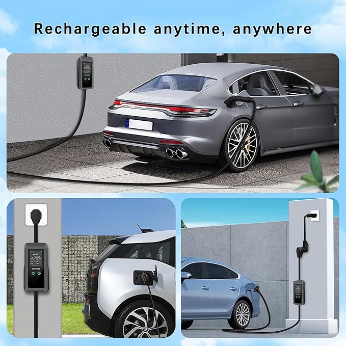 Portable Level 1&2 EV Charger, 40 A, Portable Charger for Home and J1772, 25ft Cable, Charging Stations with LED Display, NEMA14-50 Plugand NEMA 5-15 Adapter, Current Adjustable. (Tesla Need Adapter)