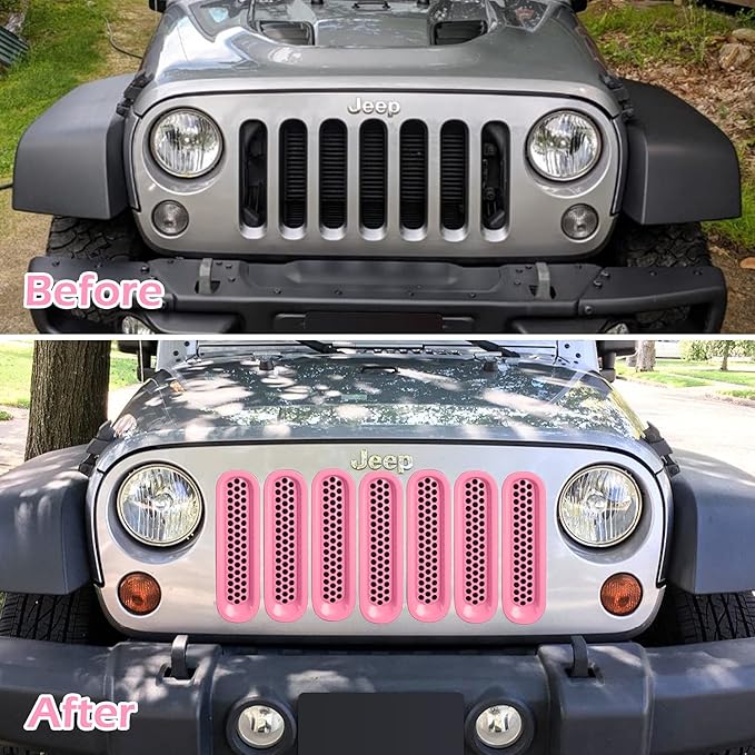 7PCS Front Grill Mesh Inserts for Jeep Wrangler JK JKU Unlimited 2007 2008 2009 2010 2011 2012 2013 2014 2015 2016 2017 2018 Grille Guard Cover Trim Clip-in Exterior Accessories (Matte Pink)
