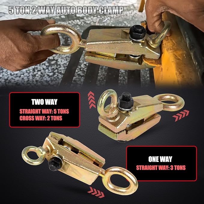 RANSOTO 5 Ton 2 Way Auto Body Clamp Frame Pulling Clamp with Self Tightening Grips for Top & Straight Repair Tool Kit