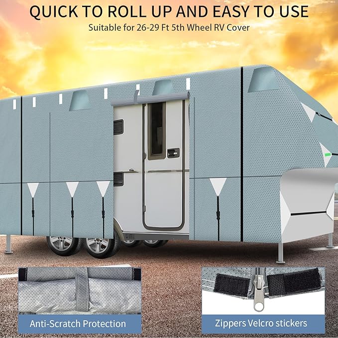 5th Wheel RV Cover 26-29Ft - Upgraded 5 Layers Top Extra-Thick Fifth Wheel Cover, Waterproof Camper RV Cover, Anti-UV Windproof Winter Camper Cover with Gutter Covers