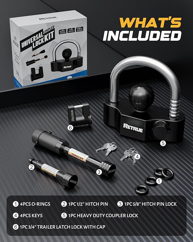 RETRUE Heavy-Duty Keyed-Alike Trailer Lock Set - Universal Coupler, Dual Hitch Receiver Pin, and Trailer Tongue Locks Included, Black