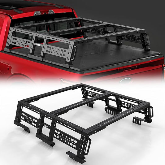 Overland Track Bed Rack for Full-Size & Mid-Size Trucks/Adjustable Truck Cargo Carrier/Tacoma Bed Rack, Fit for Tundra, Ram 1500 & HD, F-Series, Ranger, Silverado, Titan & XD,Gladiator