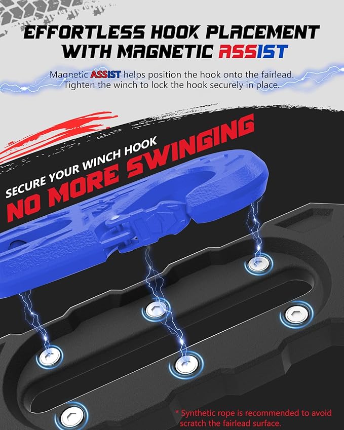 Towing Winch Fairleads with Tow Hook, Upgrade Al Hawse Fairlead with G80 Heavy Duty Forged Steel Winch Hook for Electric Winch, 33000lb Break Strength, for Synthetic Rope Recorvery, BlackBlue