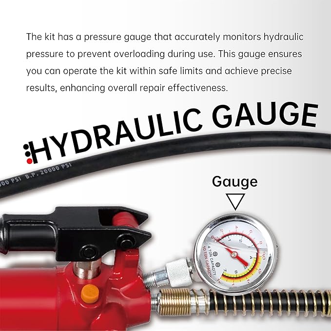 10 Ton (20,000 lbs Capacity) Porta Power Jack Hydraulic Ram Auto Body Frame Collision Repair Kit Set, 17-Pcs, with Blow Mold Carrying Case and Gauge