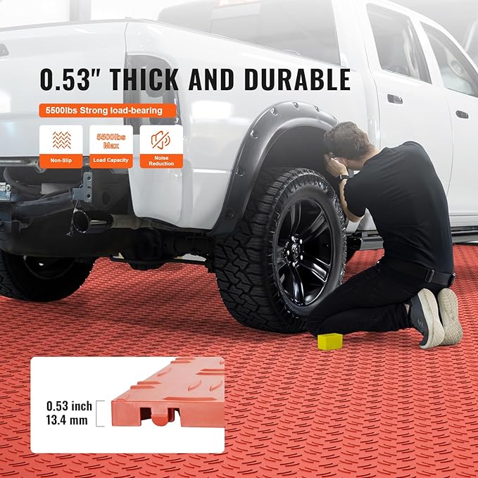 VEVOR Interlocking Floor Covering Tiles, 12 x 12 x 0.53 inch, 25 Pack, Non-Slip Double-Sided Texture, for Garages, Basements, Repair Shops, Red