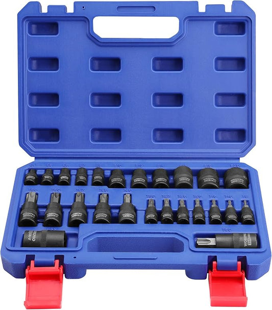 WORKPRO 25-Piece Torx Bit Socket Set, 1/4", 3/8", 1/2" Drive, E4-E22, T8-T60 Female & Torx Socket Set, CR-V & S2 Alloy Steel