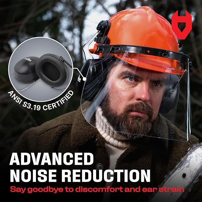 NoCry 6-in-1 Industrial Chainsaw Helmet with Face Shield and Ear Muffs — Mesh & Clear Plastic Visors Included — ANSI Z89.1 Certified — Adjustable Headgear — Ideal for Forestry and Arborist Work