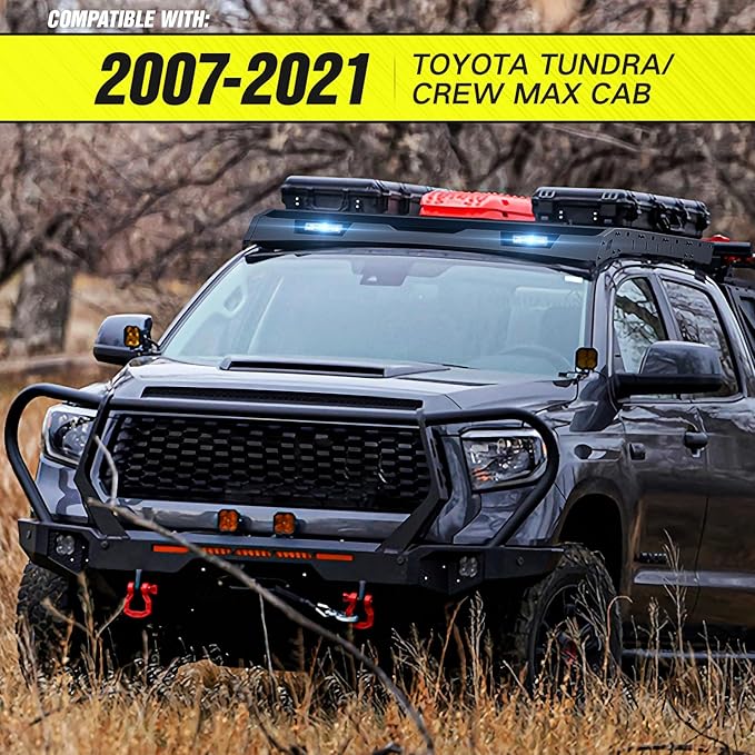 Roof Rack Cargo Basket Compatible with 2007-2021 Toyota Tundra CrewMax Cab with 2 LED Lights, Rooftop Truck Cargo Carrier Top Luggage Storage Holder