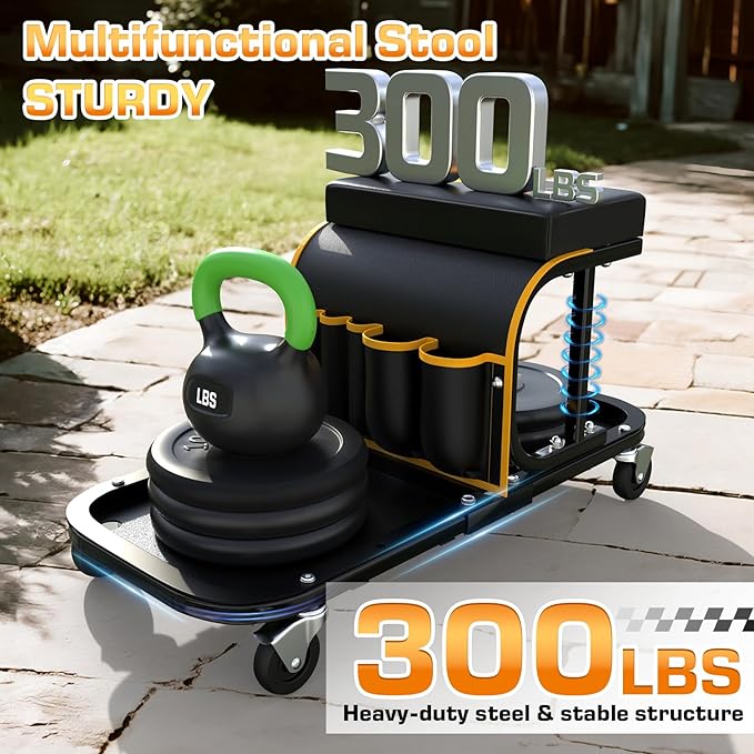 Rolling Shop Stool Chair with Wheels, Mechanic Garage Stool on Wheels, Auto Car Detailing Stools Seat with Tool Tray Storage for Garage Work, Workshop, Home, Garden, DIY, 300 LBS Capacity, Yellow