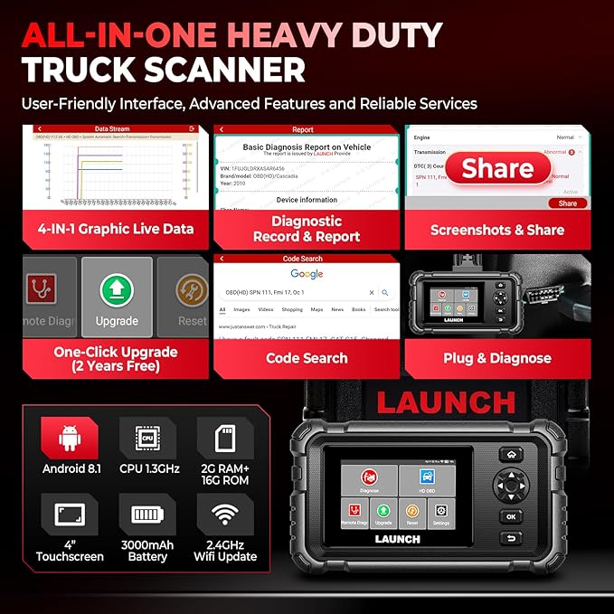 Launch CRP129 HD Heavy Duty Truck Scanner, 2025 Full System Diesel Scanner with Speed Limit Adjust Reset, D.P.F Regen, Oil Reset for Commercial Vehicles, Cummins, Detroit, International Paccar