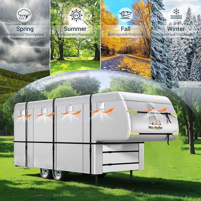 600D Oxford Fabric 5th Wheel Cover 26-29ft RV Cover, 6 Layers Breathable Waterproof Rip-Stop Camper Cover with Adhesive Repair Patches, Gutter, Tire & Additional Straps