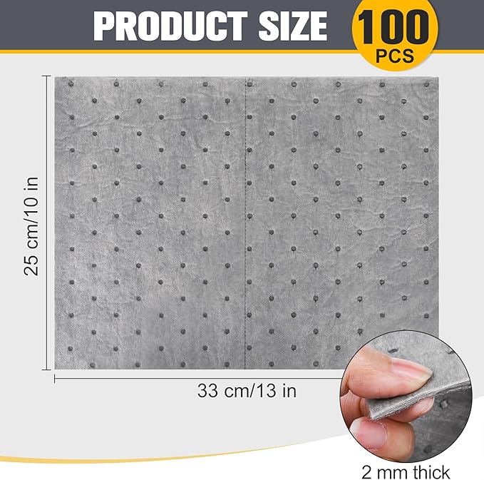 100PC Oil Absorbent Pads | 13"x10" Meltblown Polypropylene Mats, Hand-Tear Lines for Automotive & Workshop | Vacuum Eco-Packaging, Reusable Spill Control