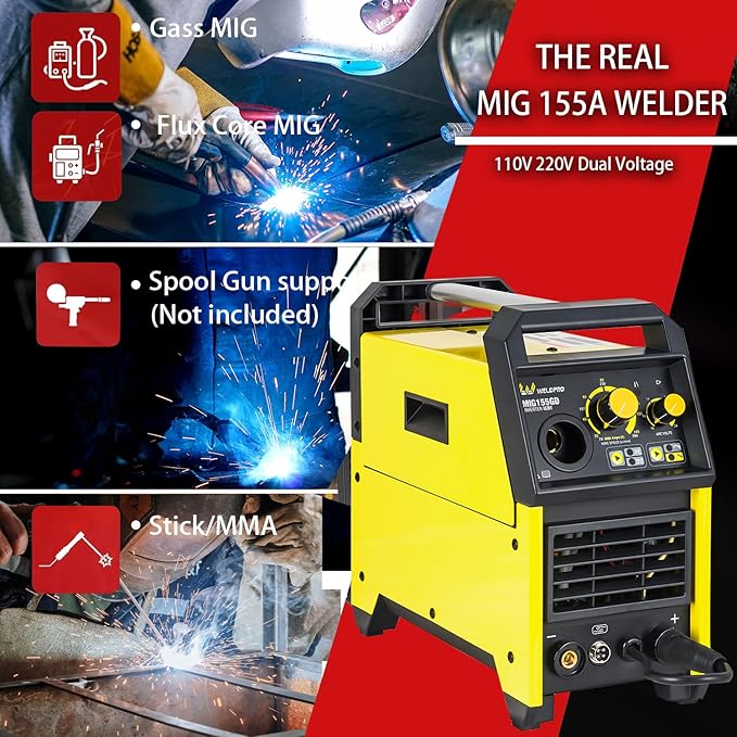 Weldpro 155 Amp MIG Welder, 110V/220V Flux Core MIG/Gas MIG/Spool Gun/Stick 4 in 1 Welding Machine with Synergy, IGBT Inverter Portable Gasless Welder Equipment, Aluminum Spool Gun Compatible