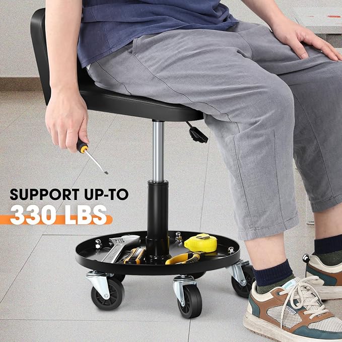 DNA Motoring Rolling Padded Seat Adjustable Height Seat 330lbs Capacity Rolling Mechanic Creeper Stool, W/Tool Storage Drawer & Tray, Black, TOOLS-00601