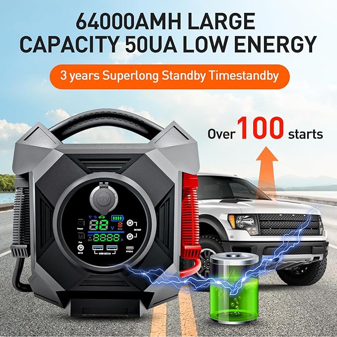 YULU CAT-797 Ultra-Powerful Jump Starter - 30000A 12V/24V Battery Booster Pack with Commercial Jumper Cables Outdoor Lighting DC/USB Power for Diesel Engines up to 50-Liters Home Backup, Emergency