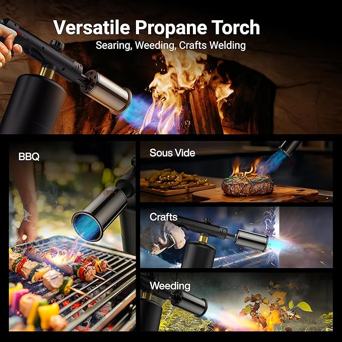 ThermoMaven Propane Torch with One-Touch Max Fire, Cooking Blow Torch Gun with Safety Lock, Charcoal Lighter, Flame Thrower, Gas Welding Kit Kitchen Food Torch Head for Grill, Sous Vide, BBQ, Black