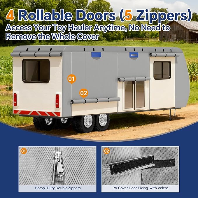 Heavy Duty 7 Layers RV Cover, Camper Cover & Travel Trailer Cover 30-33ft, Waterproof Windproof All-Weather Protection with Tongue Jack Cover, Gutter Covers & Reinforced Straps - Blue